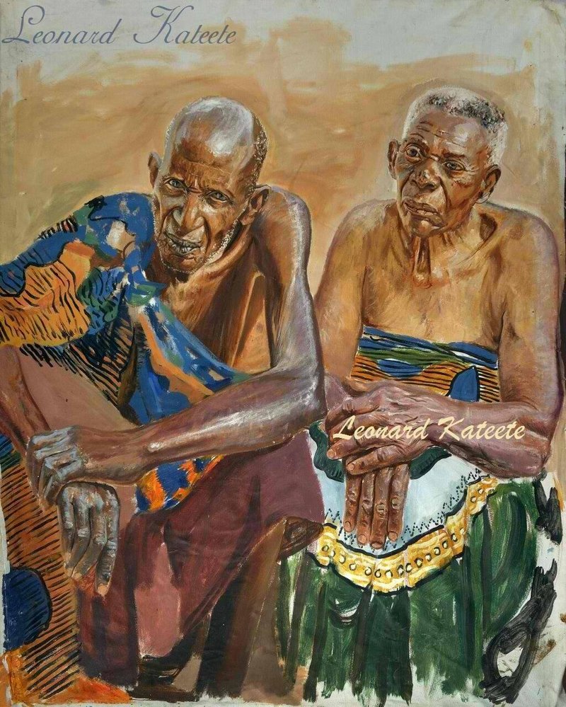 Copy of An elderly couple in Sukuma, Tanzania - One of Leonard Kateete&#x27;s unfinished paintings.