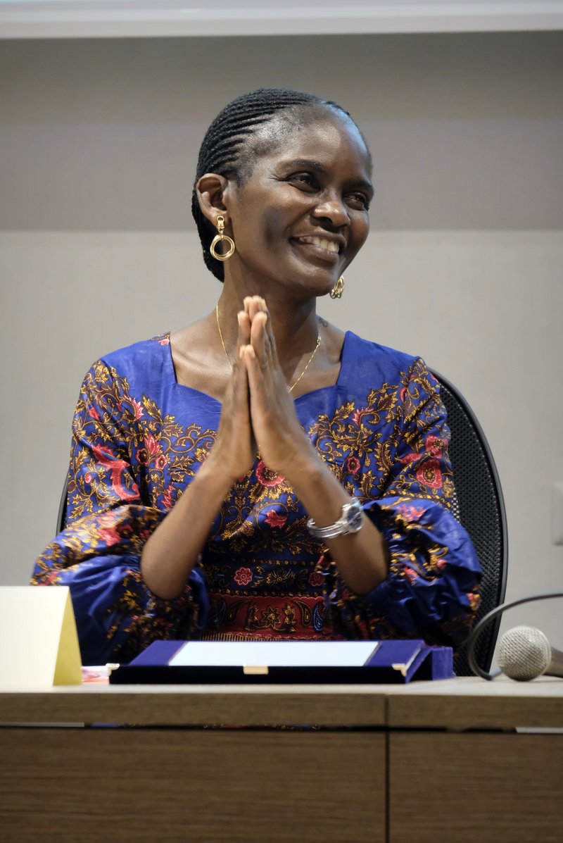 Copy of Prof Susan N Kiguli gestures in appreciation after receiving the Lifetime Achievement Award at the International Civil Poetry Festival Photo by Antonella Sinopoli