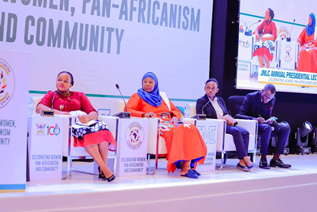 Members of the panel from left to right: Lawyer Ms. Akatukunda Moreen, Keynote speaker, Her Excellency Fatoumata Jallow-Tambajang, Lawyer and Human Rights Activist, Ms. Kirabo Marion, and Makerere Guild President, Robert Maseruka.